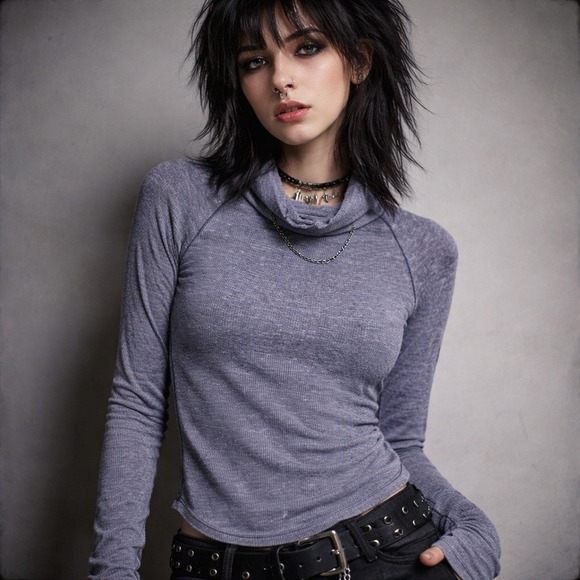 Chaser Tops - Chaser Distressed Purple Burnout Tshirt Womens S High Neck Long Sleeve Grunge